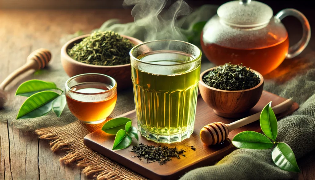 A steaming glass of green tea placed on a wooden table beside fresh tea leaves and a bowl of honey, illustrating the anti-aging benefits of this powerful antioxidant-rich beverage.