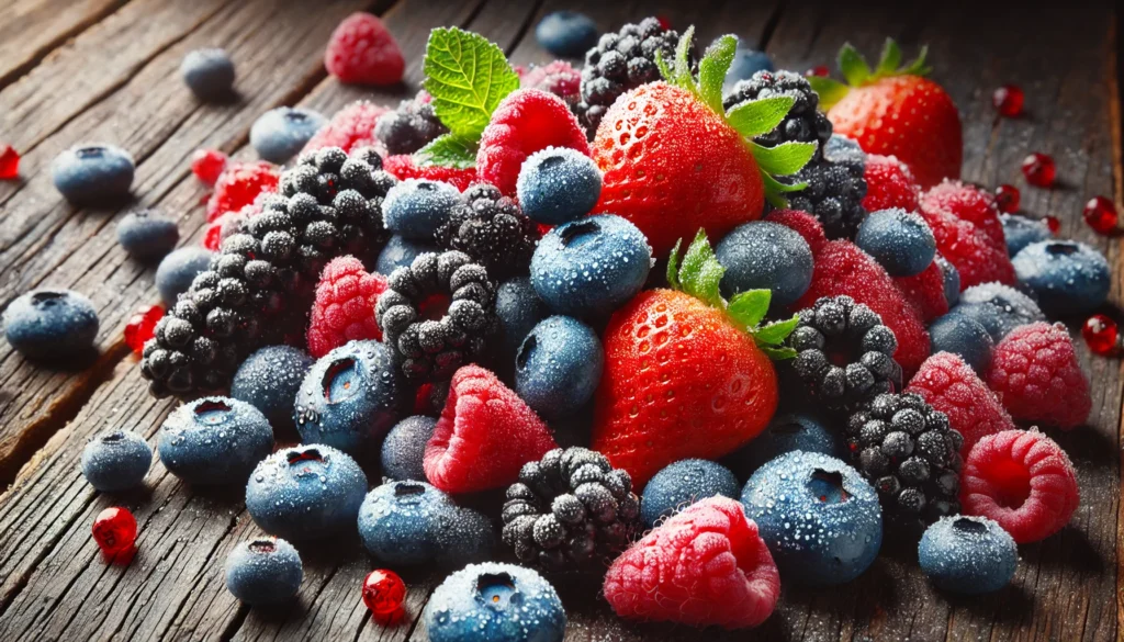 A close-up of fresh blueberries, strawberries, raspberries, and blackberries, glistening with natural moisture against a rustic wooden background, showcasing their rich antioxidant content for youthful skin.