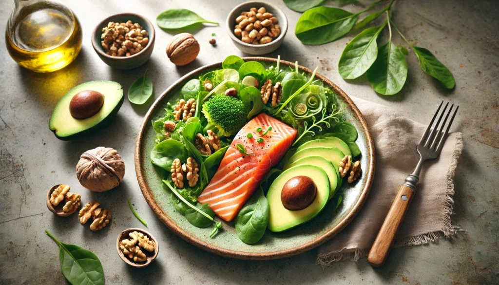 A beautifully plated salmon dish accompanied by dark leafy greens, avocado slices, and walnuts, highlighting nutrient-dense anti-aging foods that promote skin health and reduce wrinkles.