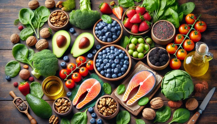 A vibrant assortment of anti-aging foods, including avocados, blueberries, strawberries, walnuts, salmon, dark leafy greens, and olive oil, arranged on a wooden table with natural lighting to emphasize their fresh and nutrient-rich qualities.
