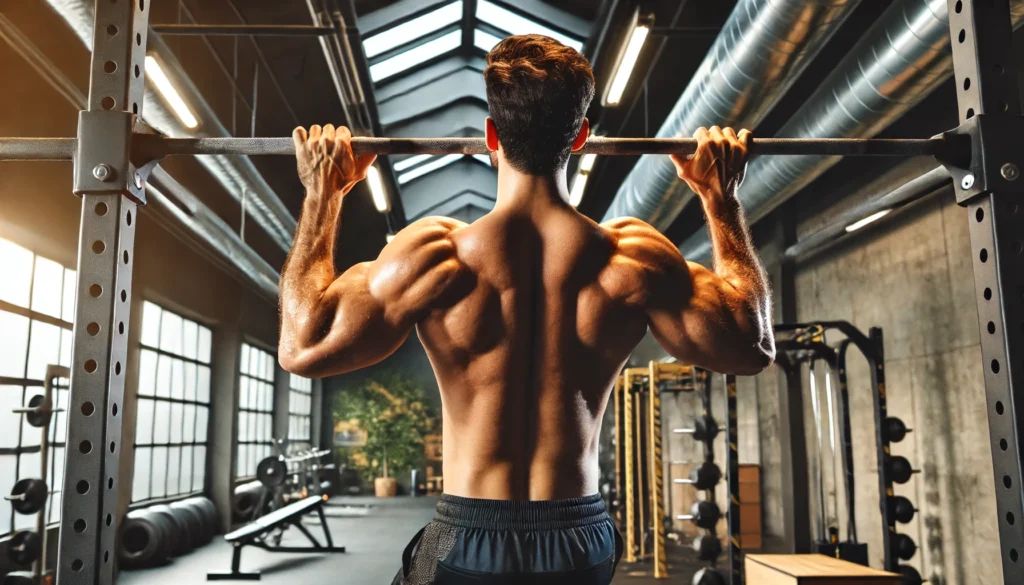 A fit man in his 40s performing a pull-up on a sturdy bar in an industrial-style gym, engaging his back and arm muscles with various fitness equipment in the background.