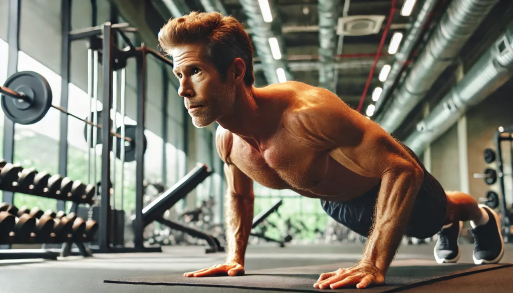 A fit man in his 40s executing push-ups on a workout mat in a bright gym, demonstrating upper body strength and endurance with fitness machines in the background.