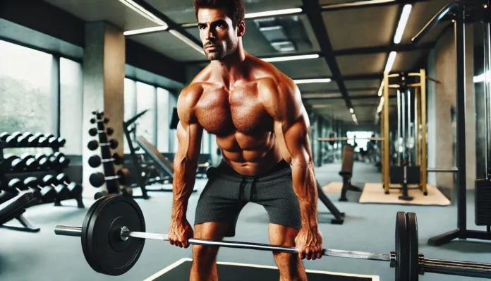 A muscular man in his 40s performing a deadlift in a well-lit, modern gym, showcasing strength and proper form with weightlifting equipment in the background.