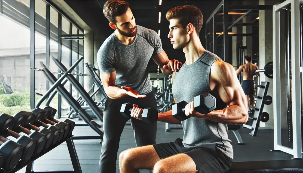 A personal training session in a gym where a muscular trainer is coaching a man working out with dumbbells. The scene captures professional guidance, correct form, and motivation. The gym is well-lit, with modern fitness equipment reinforcing a structured and effective workout environment.