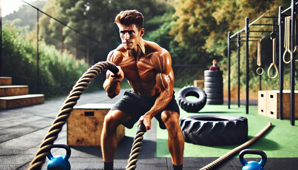 An intense outdoor workout scene with a fit man performing battle ropes exercises. His muscles are flexed, and sweat is visible, emphasizing effort and endurance. The background features an open training area with kettlebells, tires, and functional fitness equipment.