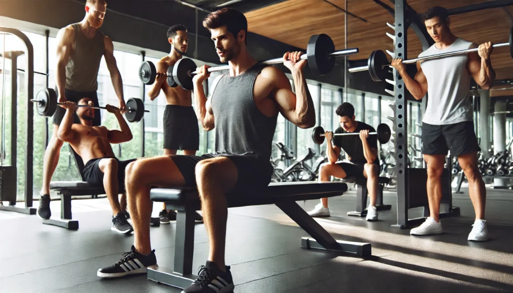 A group of men working out in the gym, engaged in various strength training exercises. One man is doing bench presses, another is performing pull-ups, while a third is using dumbbells for bicep curls. The modern gym setting has a high-energy, focused atmosphere.