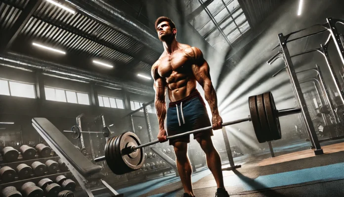 A powerful gym scene featuring a muscular man performing a deadlift with heavy weights. His muscles are visibly engaged, showcasing strength and determination. The gym background includes weight racks, barbells, and dumbbells, creating an intense and motivational workout atmosphere.