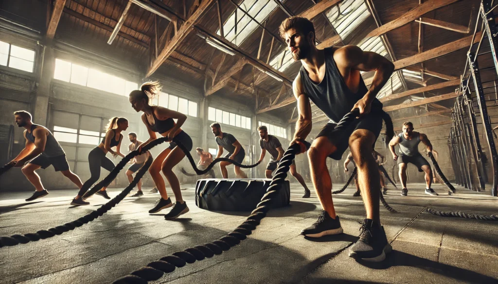 An intense boot camp-style workout session in an industrial-style gym. Participants are pushing their limits with high-intensity interval training (HIIT) exercises such as battle ropes, sled pushes, and tire flips, reflecting the strength and endurance focus of a 30-day workout challenge.