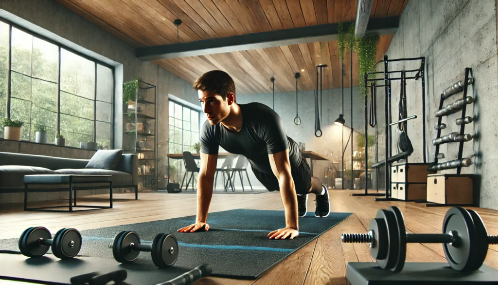 A determined individual engaged in a high-intensity home workout challenge, performing push-ups, mountain climbers, and jump squats. The modern home gym setting features neatly arranged fitness equipment, symbolizing dedication to a 30-day fitness challenge from home.