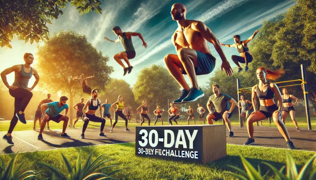 A group of athletes participating in a rigorous outdoor workout challenge in a park. They are performing burpees, lunges, and jumping squats against a scenic backdrop of greenery and bright skies, showcasing endurance and strength training in a natural environment.