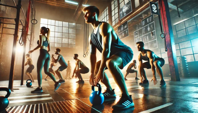 A high-energy gym setting with individuals engaged in an intense workout challenge. Participants are performing squats, push-ups, and kettlebell swings with determination, emphasizing strength and endurance in a 30-day fitness challenge.