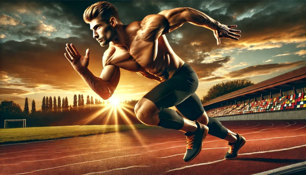 A muscular athlete sprinting outdoors at sunset, highlighting speed, power, and endurance. His well-defined muscles are visible as he propels forward, showcasing the intensity of high-performance training. The background features a scenic running track with dramatic lighting.
