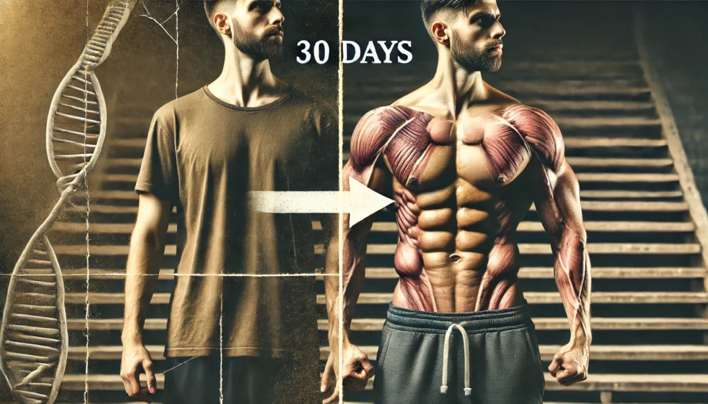 A side-by-side comparison of a man’s body transformation over 30 days. The left side shows a less muscular physique, while the right side displays a ripped, muscular build with defined abs and arms. The background suggests a fitness journey, representing dedication and results.