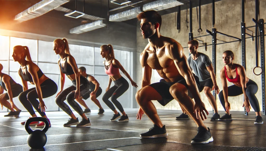 A group of fit individuals engaged in an intense HIIT (High-Intensity Interval Training) workout in a modern gym, performing burpees, kettlebell swings, and push-ups. Sweat is visible, showcasing their dedication to body transformation.