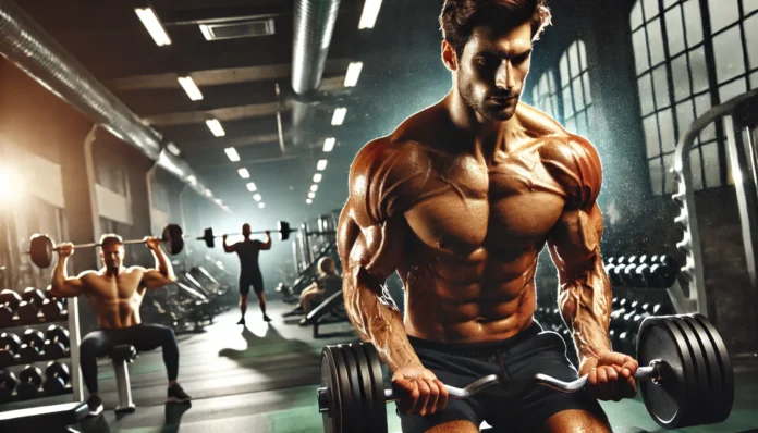 A muscular man performing an intense workout in a gym, lifting heavy weights with defined muscles and sweat dripping. The gym environment is high-energy, highlighting transformation and strength.