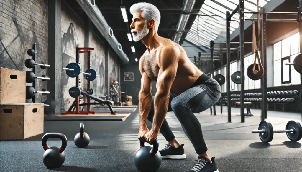 A strong and fit senior man with gray hair performing a kettlebell swing in a modern gym. The background features kettlebells, dumbbells, and barbells, demonstrating active aging, endurance, and functional fitness over sixty.