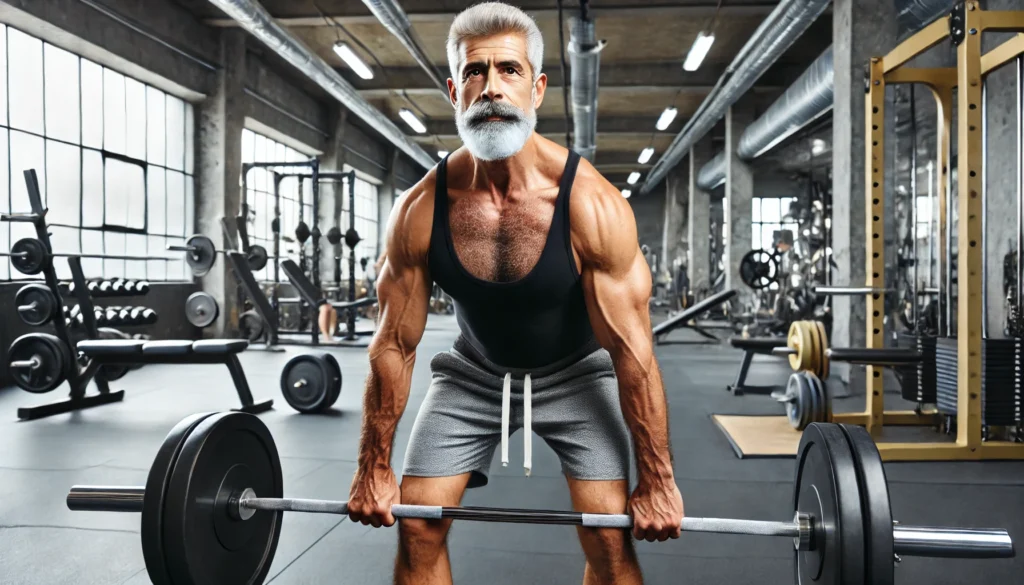 A senior man with a strong physique and gray beard executing a deadlift with a barbell in a professional gym. The environment includes weightlifting and resistance training equipment, representing the benefits of strength workouts for aging men.