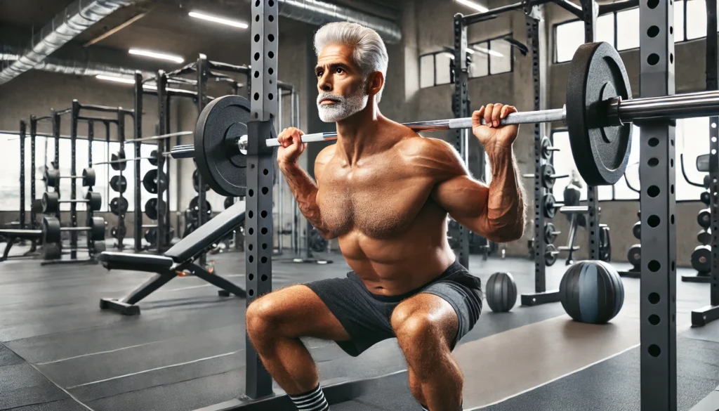 An active senior man with a muscular build and gray hair performing barbell squats in a spacious gym. The gym is bright and filled with high-quality strength training equipment, showcasing fitness and mobility for men over sixty.
