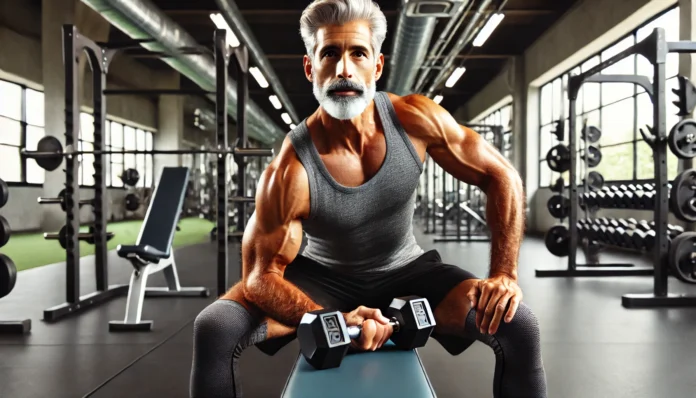 A fit senior man with gray hair and a beard performing a dumbbell bench press in a modern, well-lit gym. The scene highlights strength training equipment like dumbbells, squat racks, and barbells, emphasizing active aging and muscle building.