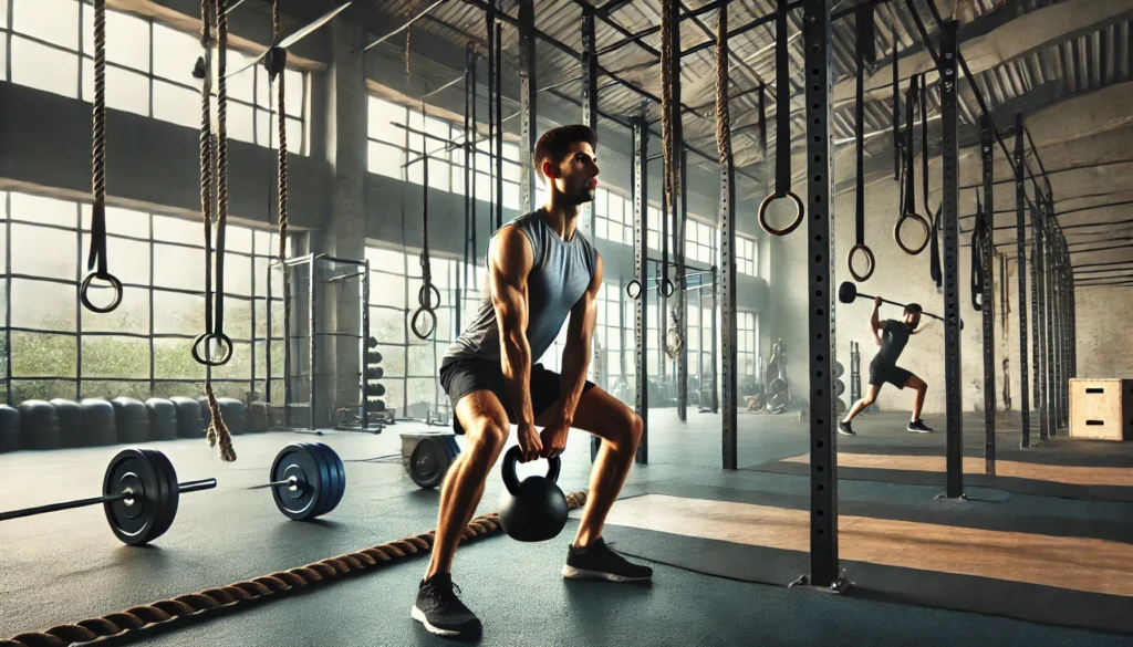 A male endurance runner performing a kettlebell swing in a spacious gym. The setting includes functional training equipment such as battle ropes, medicine balls, and squat racks, demonstrating power-building exercises for runners.