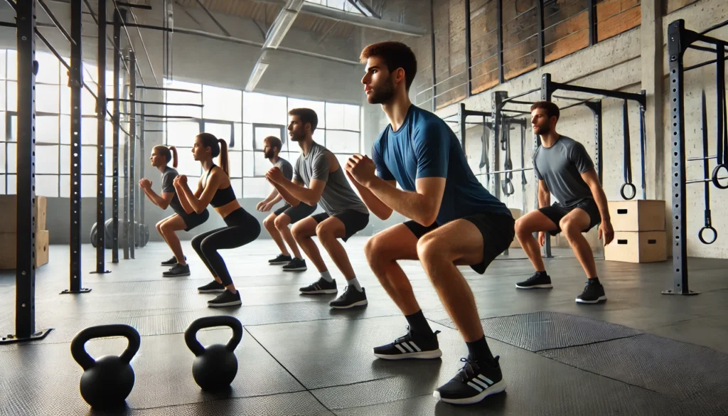 A group of runners performing strength exercises such as squats and lunges in an open training facility. The setting is modern, featuring kettlebells, resistance bands, and weight racks, showcasing a structured strength training program for runners.