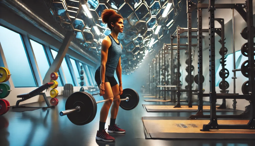 A female runner with a toned physique performing deadlifts in a professional gym. The gym is equipped with barbells, squat racks, and free weights, highlighting strength training for endurance and injury prevention.