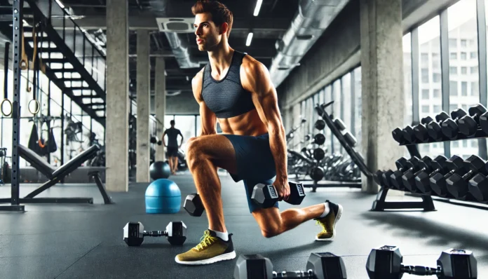 A fit male runner with a muscular build performing weighted lunges in a modern gym. The environment includes dumbbells, barbells, and kettlebells, emphasizing strength training for runners and injury prevention.