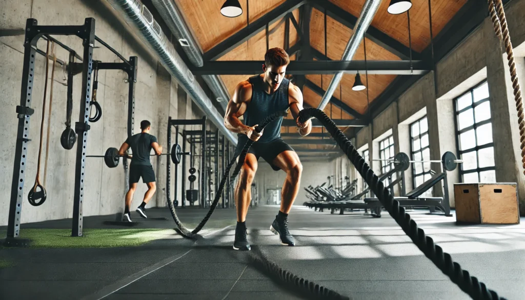 A muscular man performing battle rope exercises in a modern gym. The gym has a sleek design with weight racks, resistance machines, and an open workout space. The athlete is engaged in an intense upper body circuit workout, displaying endurance and power.