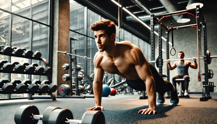 A fit and muscular man performing push-ups in a modern gym with well-lit surroundings. The gym features various strength training equipment such as dumbbells, barbells, and kettlebells, emphasizing upper body strength and endurance.