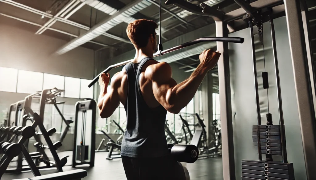 A gym scene of a person performing a lat pulldown exercise, pulling the bar towards their chest, emphasizing back and arm strength training.