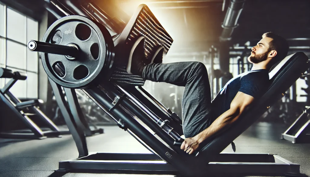 Close-up of a leg press machine in use, showing a person pushing heavy weights with their legs, highlighting lower body strength and muscle engagement