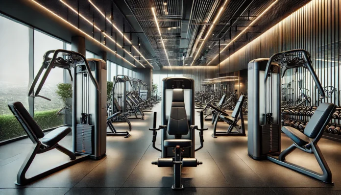 A modern gym featuring high-quality strength training machines, including a leg press, lat pulldown, chest press, and cable pulley system in a spacious and well-lit environment.