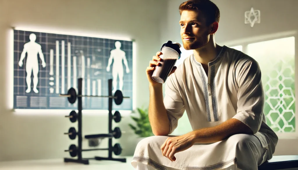A fit and muscular man recovering after a workout, sitting on a gym bench while drinking a protein shake, emphasizing post-workout recovery with gym equipment in the background.