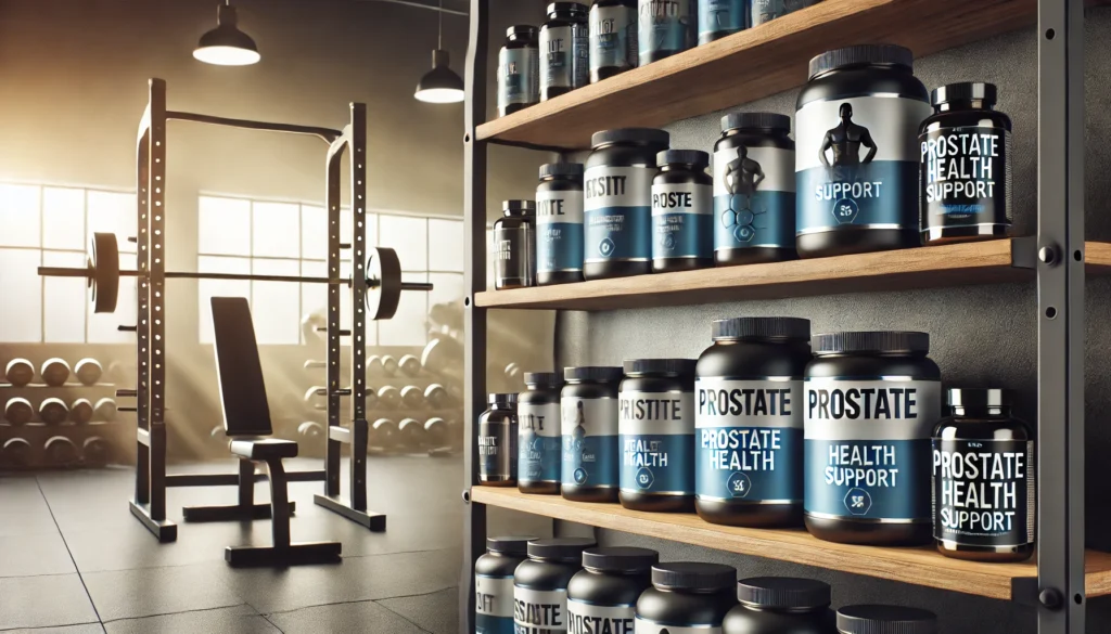 A well-organized gym shelf displaying high-quality fitness supplements, including bottles representing prostate health support, illuminated with soft lighting in a wellness-focused setting.