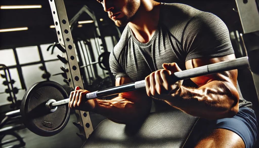 Close-up of a strong man's hands gripping a barbell during a bench press, highlighting muscle tension, power, and control with a blurred gym background.