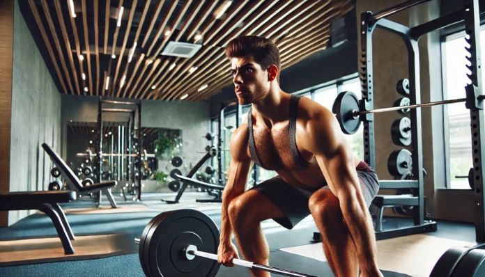 A modern gym scene with a muscular man performing a heavy deadlift, showcasing strength and endurance in a well-lit environment with professional weightlifting equipment.