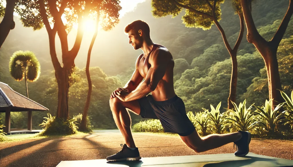 A fit and athletic man performing post-workout stretching in a scenic outdoor setting. Warm sunlight, green trees, and a peaceful atmosphere symbolize recovery and balance after intense strength training.