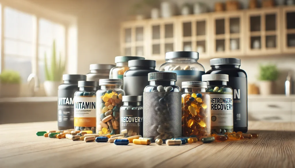 A close-up of a variety of men's vitamin packs and supplements, neatly arranged on a kitchen counter. The sleek packaging and colorful capsules highlight essential nutrients for strength, recovery, and fitness performance.