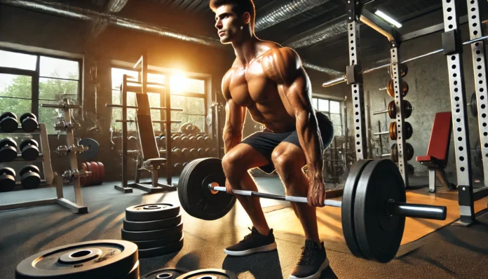 A muscular man lifting heavy weights in a professional gym setting, showcasing his defined muscles and focused expression. The gym environment includes barbells, dumbbells, and a squat rack, emphasizing strength training and power.