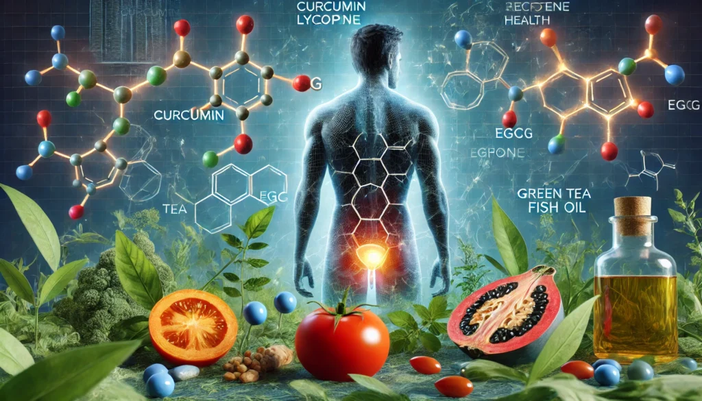 A science-focused depiction of prostate health, showing molecular structures of key compounds like curcumin, lycopene, and EGCG floating above natural supplement sources, with a digital overlay of a prostate scan symbolizing medical research.