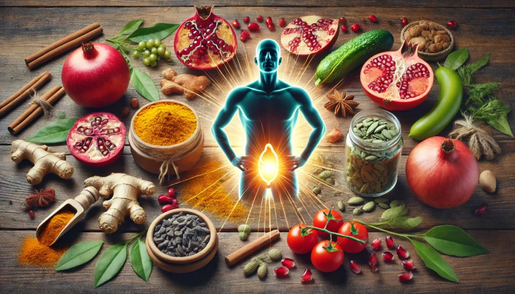 A rich composition featuring key prostate-supporting supplements such as turmeric, pomegranate, lycopene-rich tomatoes, and green tea, elegantly arranged with a glowing prostate health representation.