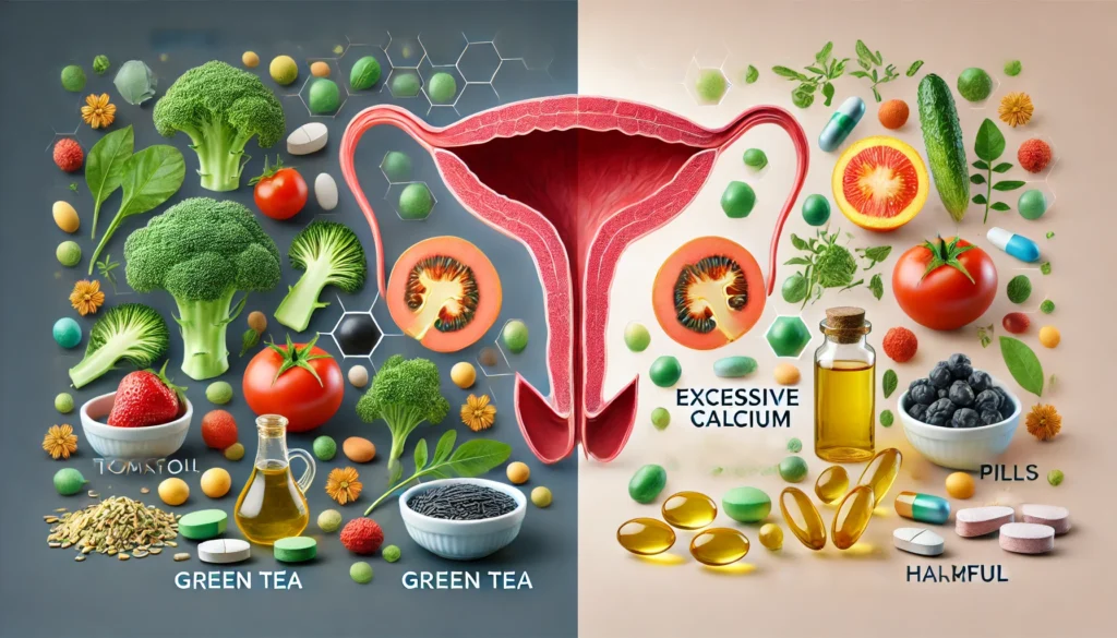 A contrast of beneficial prostate-supporting supplements like broccoli, tomatoes, and fish oil against potentially harmful synthetic pills and excessive calcium tablets, set against a prostate health backdrop.
