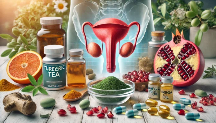 A visually appealing display of natural prostate health supplements, including turmeric, green tea, pomegranate, and omega-3 fish oil capsules, with a soft-focus prostate anatomy illustration in the background.