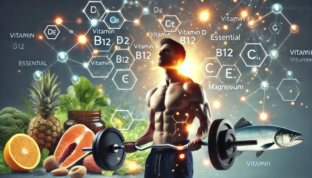 A dynamic fitness-focused visual featuring a muscular man lifting weights, overlaid with glowing vitamin molecules like vitamin D, B12, C, E, and magnesium. The background subtly incorporates nutrient-rich foods such as nuts, fish, and greens, illustrating the connection between nutrition and strength.