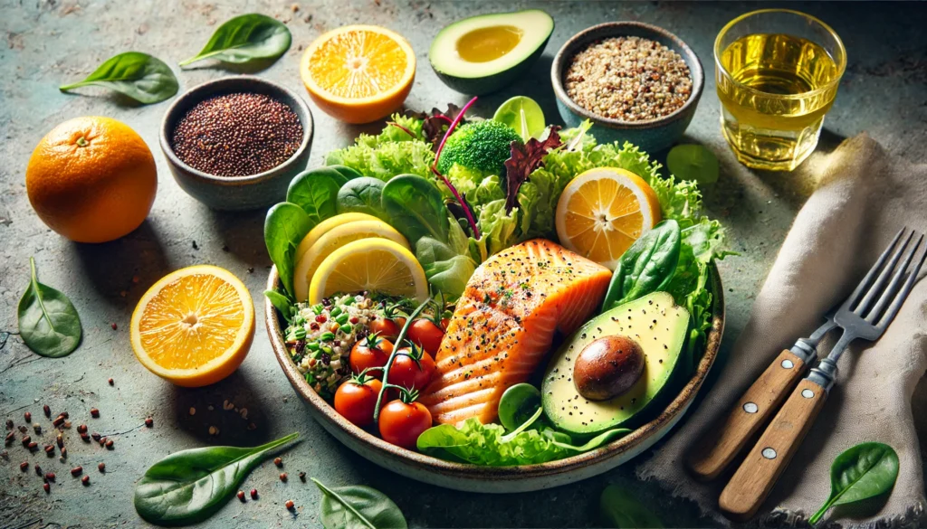 A vibrant, high-resolution depiction of a healthy meal plan for men, featuring grilled salmon, mixed greens, quinoa, avocado, and citrus fruits, served on a rustic table with natural lighting to emphasize nutrition, energy, and optimal health.