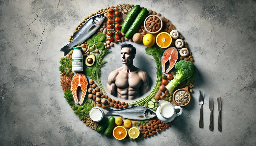 An artistic composition of nutrient-dense foods such as fish, nuts, seeds, green vegetables, citrus fruits, and dairy, arranged in a circular pattern with a soft-focus muscular male figure in the background, symbolizing vitality and essential vitamins for men.