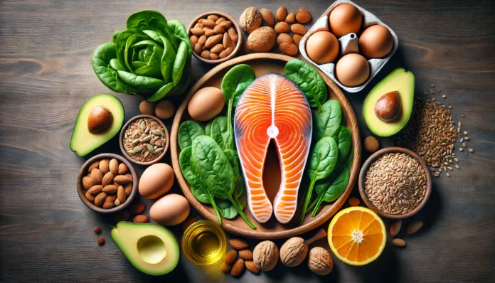 A visually appealing arrangement of vitamin-rich foods, including salmon, eggs, nuts, spinach, citrus fruits, avocados, and whole grains, displayed on a wooden surface to represent a balanced diet for men's strength and energy.