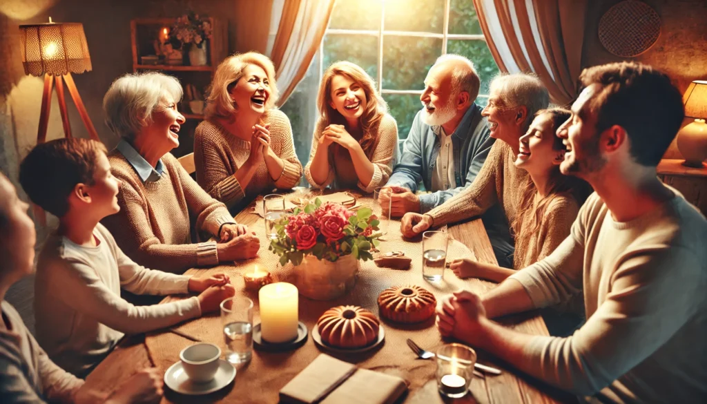 A multigenerational family gathered around a table, engaging in a lively conversation with laughter and joy. The cozy setting highlights the importance of social interaction in maintaining mental sharpness and cognitive health in aging.