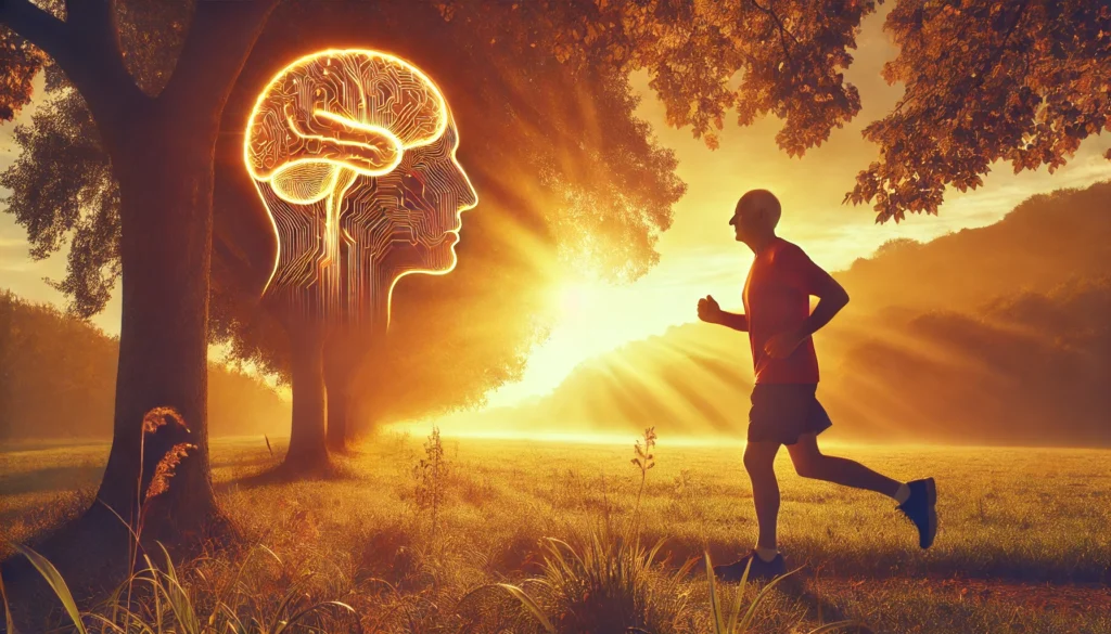 An elderly man jogging in a scenic park at sunrise, symbolizing the connection between physical exercise and brain health. The golden light enhances the sense of vitality, energy, and cognitive well-being in aging.