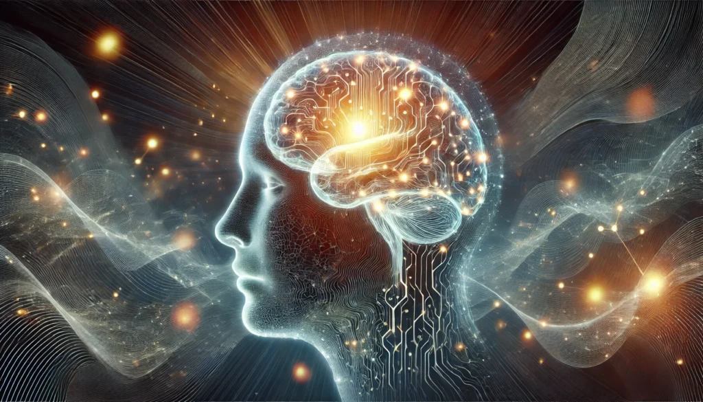 A glowing human brain with illuminated neural connections, representing neuroplasticity and cognitive function. Abstract waves and energy patterns in the background reinforce the concept of mental agility and brain health in aging.